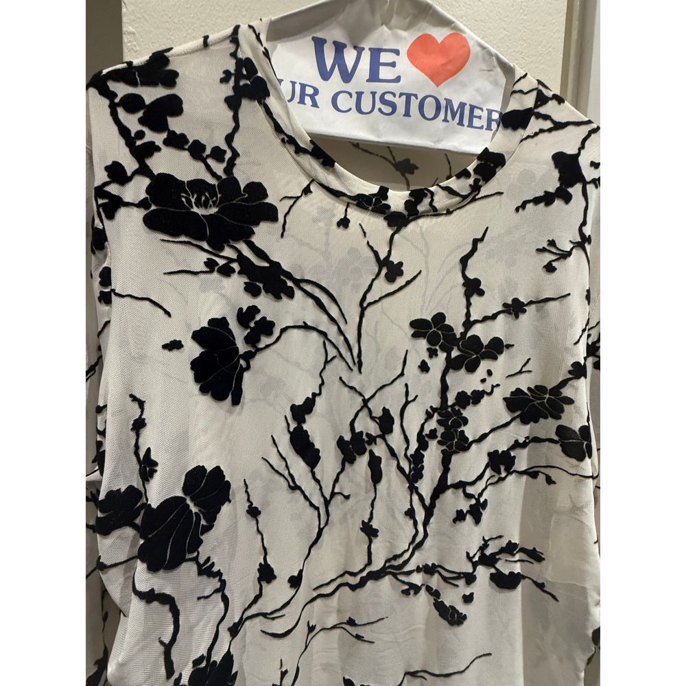 NA-KD Women Floral Velvet Burnout Mesh Ruched Long Sleeve Top White Black XL